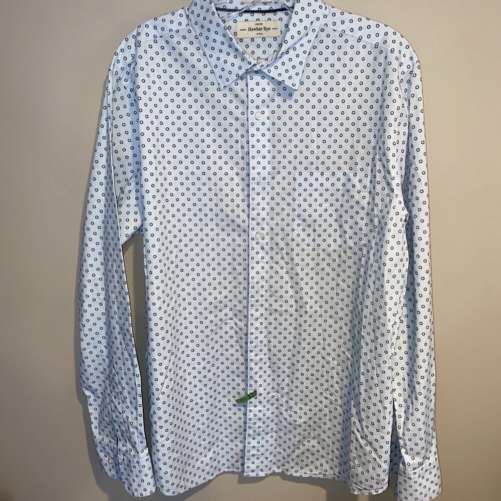 Hawker Rye Stretch Slim Fit Button Down Shirt Mens L Cotton Baby Blue Pattern
